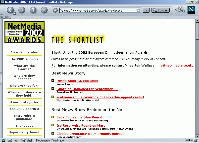 Pressnet en la Relacin de Nominados a los Premios NetMedia 2002 (En Ingls) A