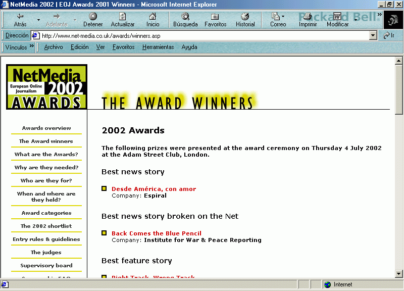Pressnet en la Relación de Ganadores de los Premios NetMedia 2002 (En Inglés) A