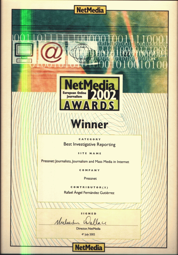Pressnet Ganador de los Premios NetMedia 2002. Certificación de Premiado