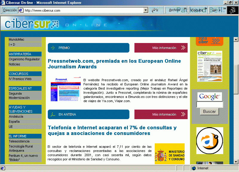 CiberSur (Portada) (8 de Julio de 2002) / Pulse Aqu para Visitar su Web