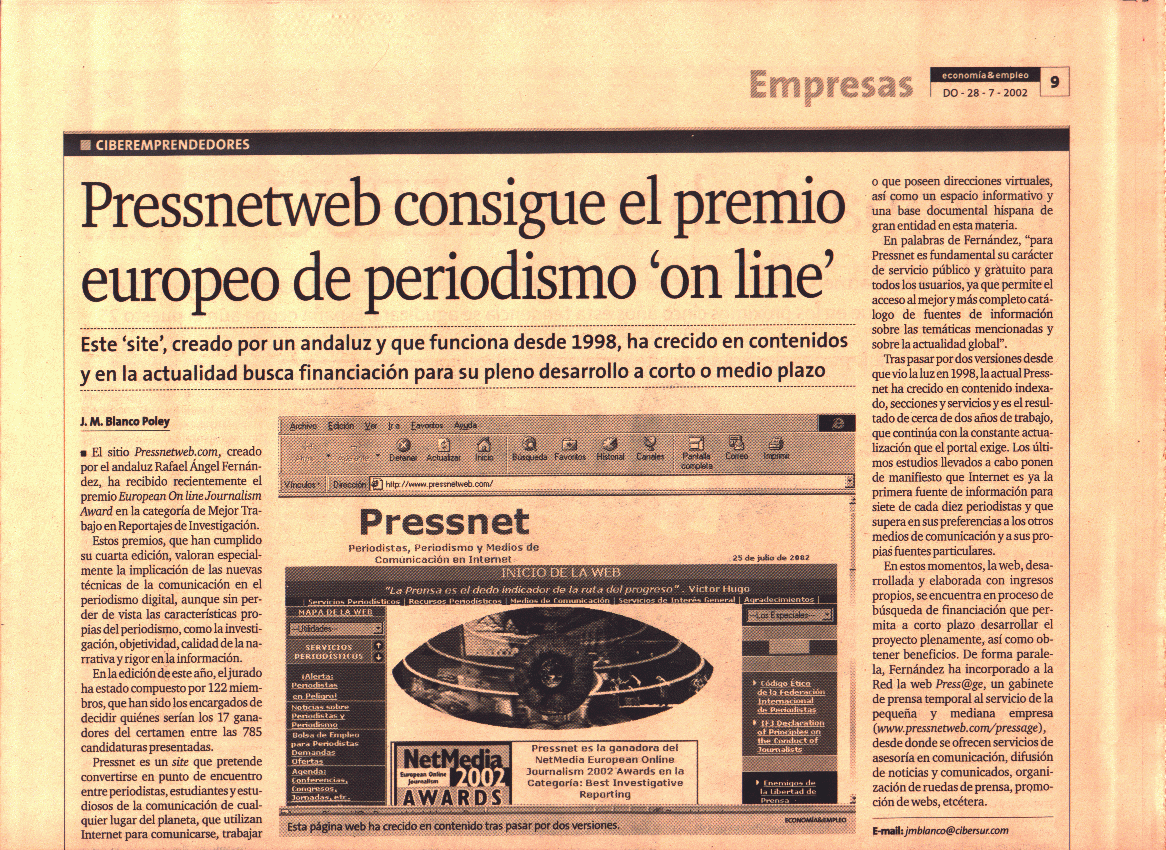 Diario de Sevilla (Suplemento de Economa y Empleo) (28 de Julio de 2002) / Pulse Aqu para Visitar su Web