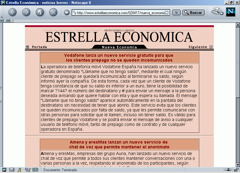 Grupo Estrella Digital: Estrella Econmica A (14 de Abril de 2002) / Pulse Aqu para Visitar su Web