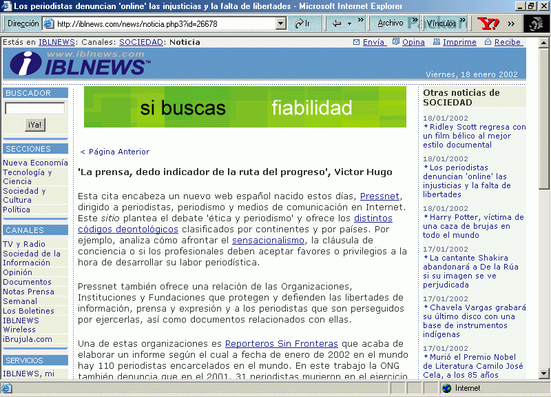IBLNews (18-01-2002) A / Pulse Aqu para Visitar su Web