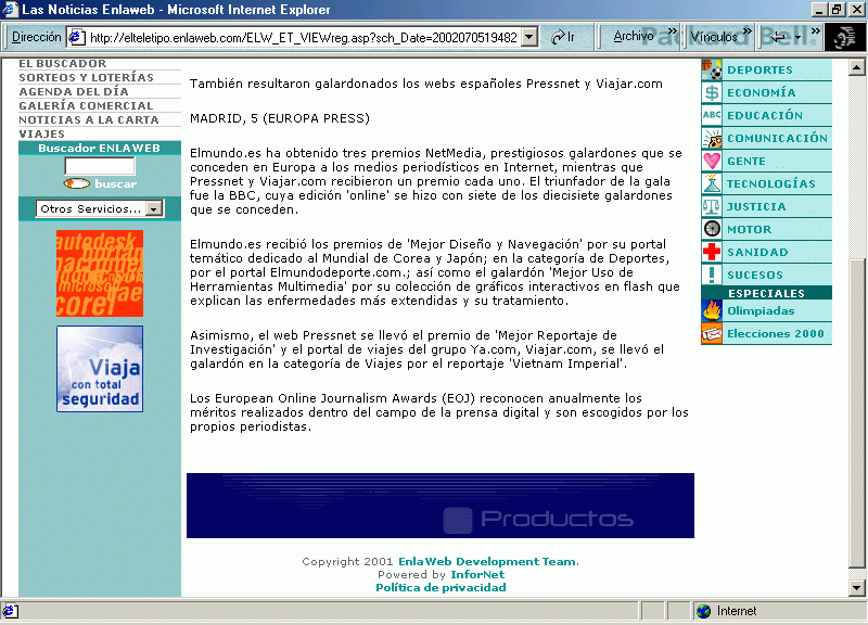Las Noticias Enlaweb (B) (5 de Julio de 2002) / Pulse Aqu para Visitar su Web