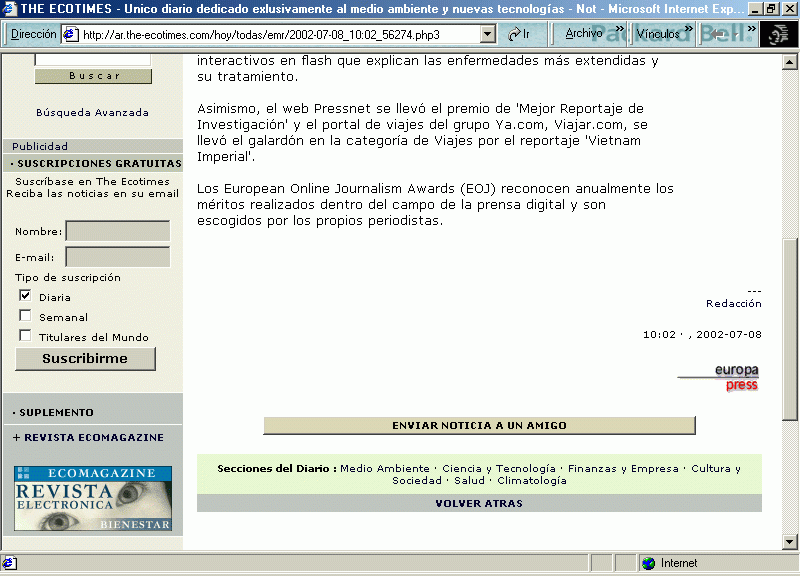 The Ecotimes (B)  (8 de Julio de 2002) / Pulse Aqu para Visitar su Web