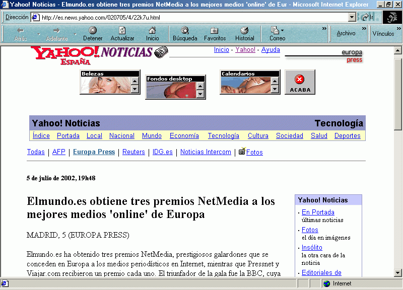 Yahoo! Noticias - Europa Press (A) (5 de Julio de 2002) / Pulse Aqu para Visitar su Web (Yahoo! Noticias)