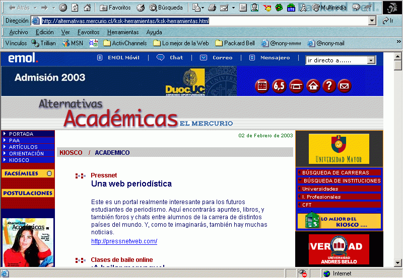 El Mercurio de Chile (Suplemento de Alternativas Acadmicas) (02-02-2002) / Pulse Aqu para Visitar su Web