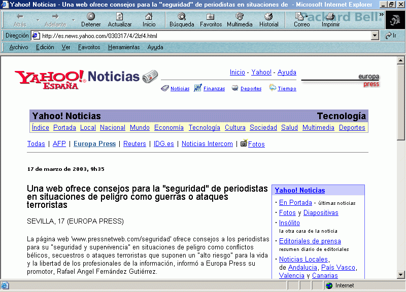 Yahoo!-Europa Press (A) (17-03-2003) / Pulse Aqu para Visitar su Web (La de Yahoo!)