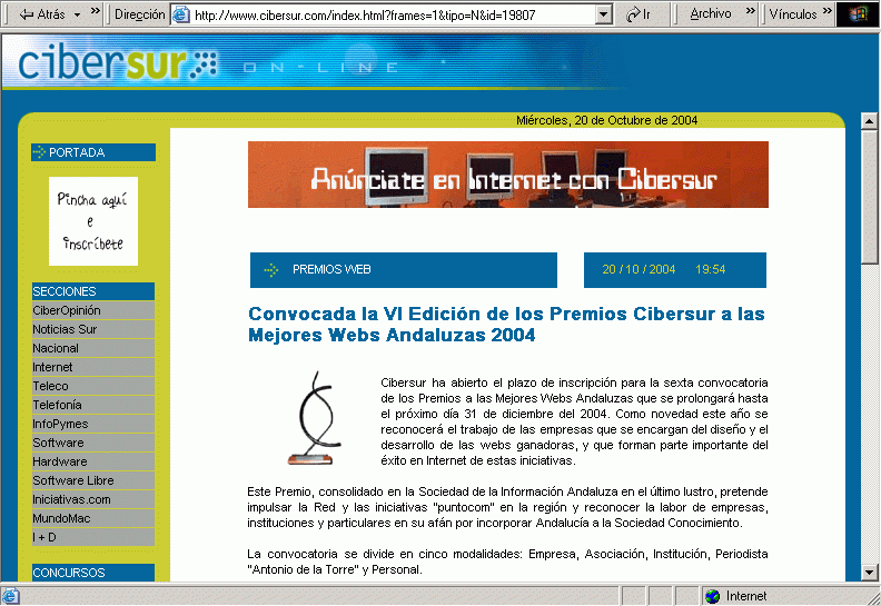 Cibersur (20-10-2004) Noticia (A) / Pulse Aqu para Visitar su Web