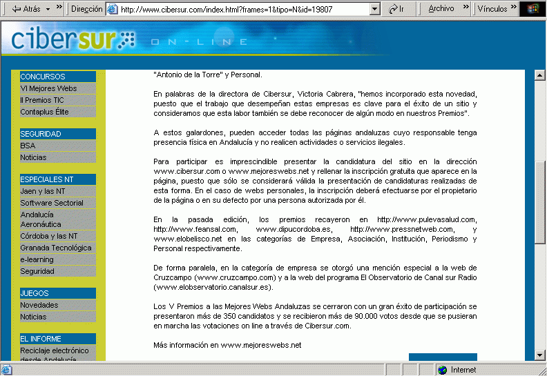Cibersur (20-10-2004) Noticia (B) / Pulse Aqu para Visitar su Web