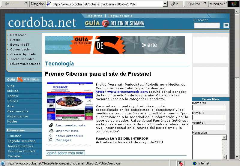 Crdoba Net (Argentina) (24-05-2004) / Pulse Aqu para Visitar su Web