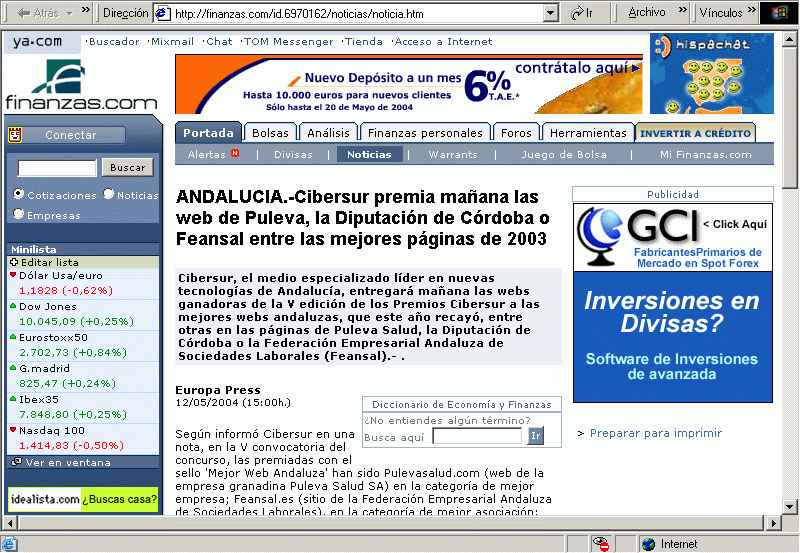 Finanzas com (12-05-2004) A / Pulse Aqu para Visitar su Web