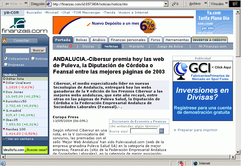 Finanzas com (13-05-2004) A / Pulse Aqu para Visitar su Web
