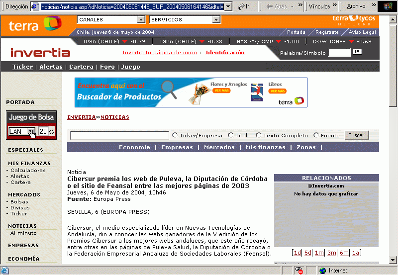 Invertia Chile (06-05-2004) A / Pulse Aqu para Visitar su Web
