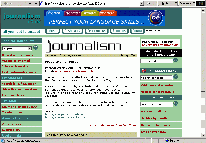 Journalism.co.uk and dotJournalism (24-05-2004) / Pulse Aqu para Visitar su Web
