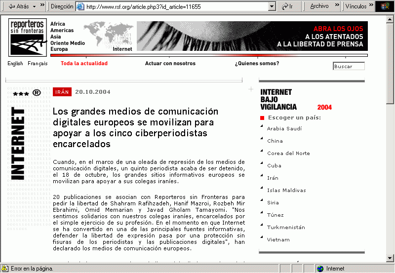 Reporteros Sin Fronteras (20-10-2004) A / Pulse Aqu para Visitar su Web