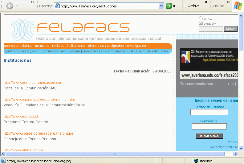 Federacin Latinoamericana de Facultades de Comunicacin Social (FELAFACS) (29-06-2005) (A) / Pulse Aqu para Visitar su Web