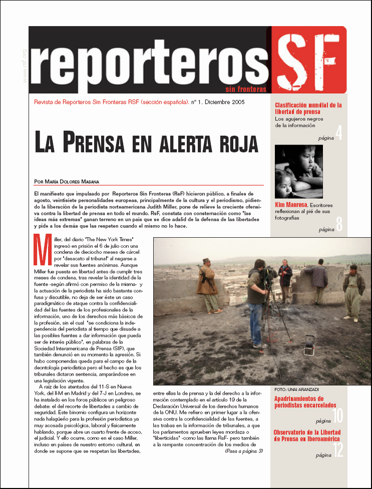Revista de Reporteros Sin Fronteras RSF (Seccin Espaola). n 1. (12-2005)  - Portada de la Revista de Reporteros Sin Fronteras / Pulse Aqu para Visitar su Web